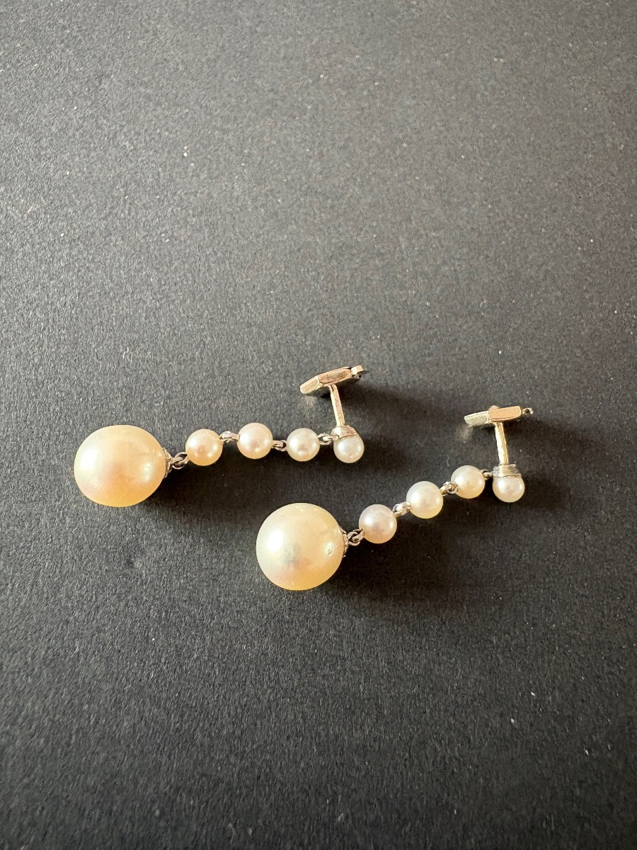 Antique Pair Of 18k White Gold And Cultured Pearl Earrings-photo-2