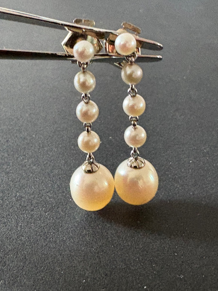 Antique Pair Of 18k White Gold And Cultured Pearl Earrings-photo-3