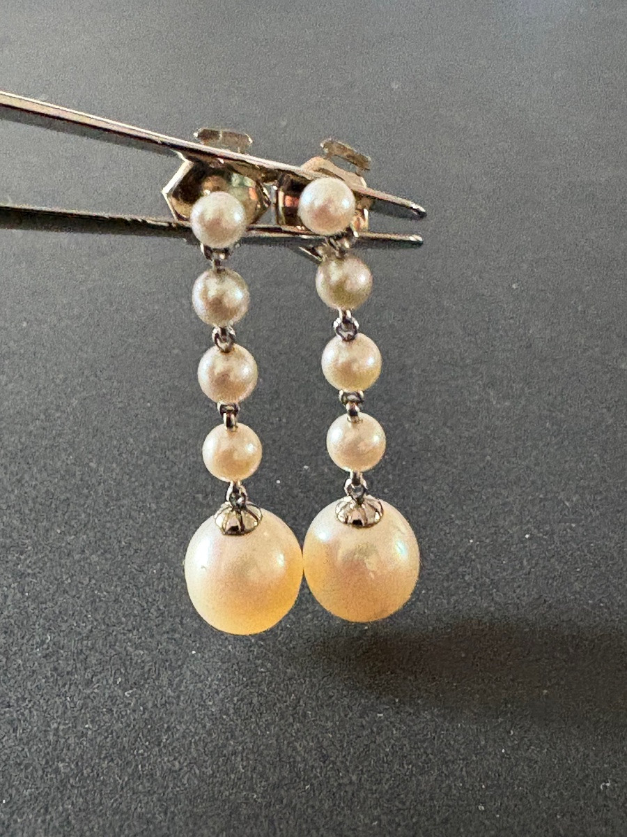 Antique Pair Of 18k White Gold And Cultured Pearl Earrings-photo-4
