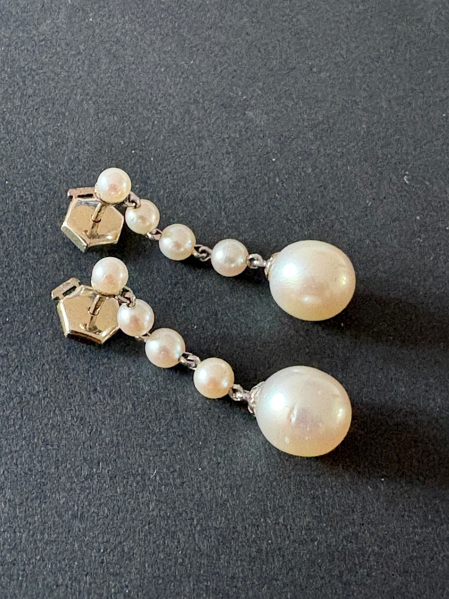 Antique Pair Of 18k White Gold And Cultured Pearl Earrings-photo-2
