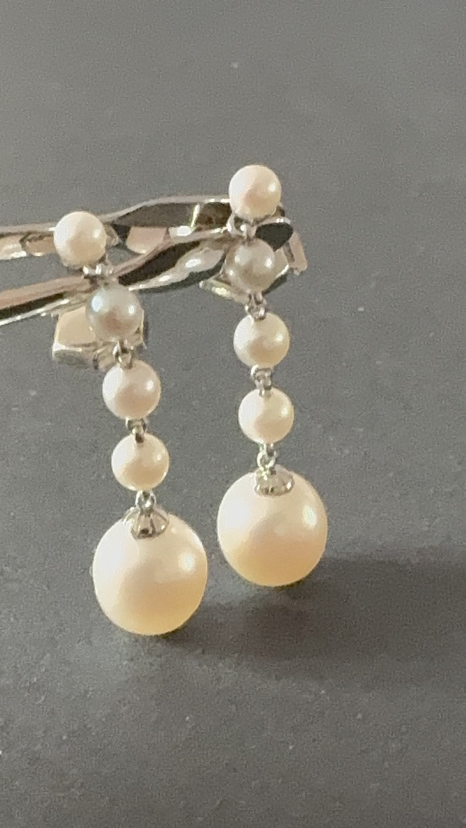 Antique Pair Of 18k White Gold And Cultured Pearl Earrings-photo-3