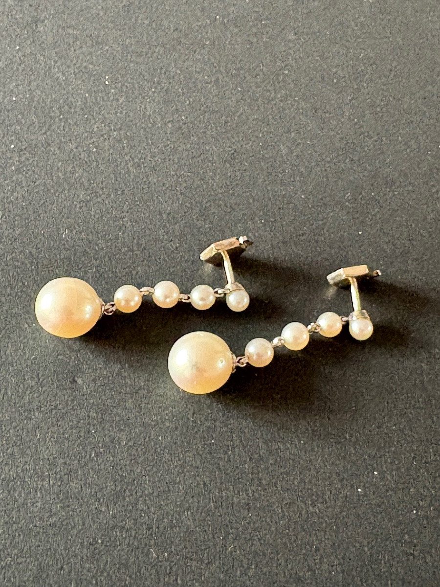 Antique Pair Of 18k White Gold And Cultured Pearl Earrings-photo-5
