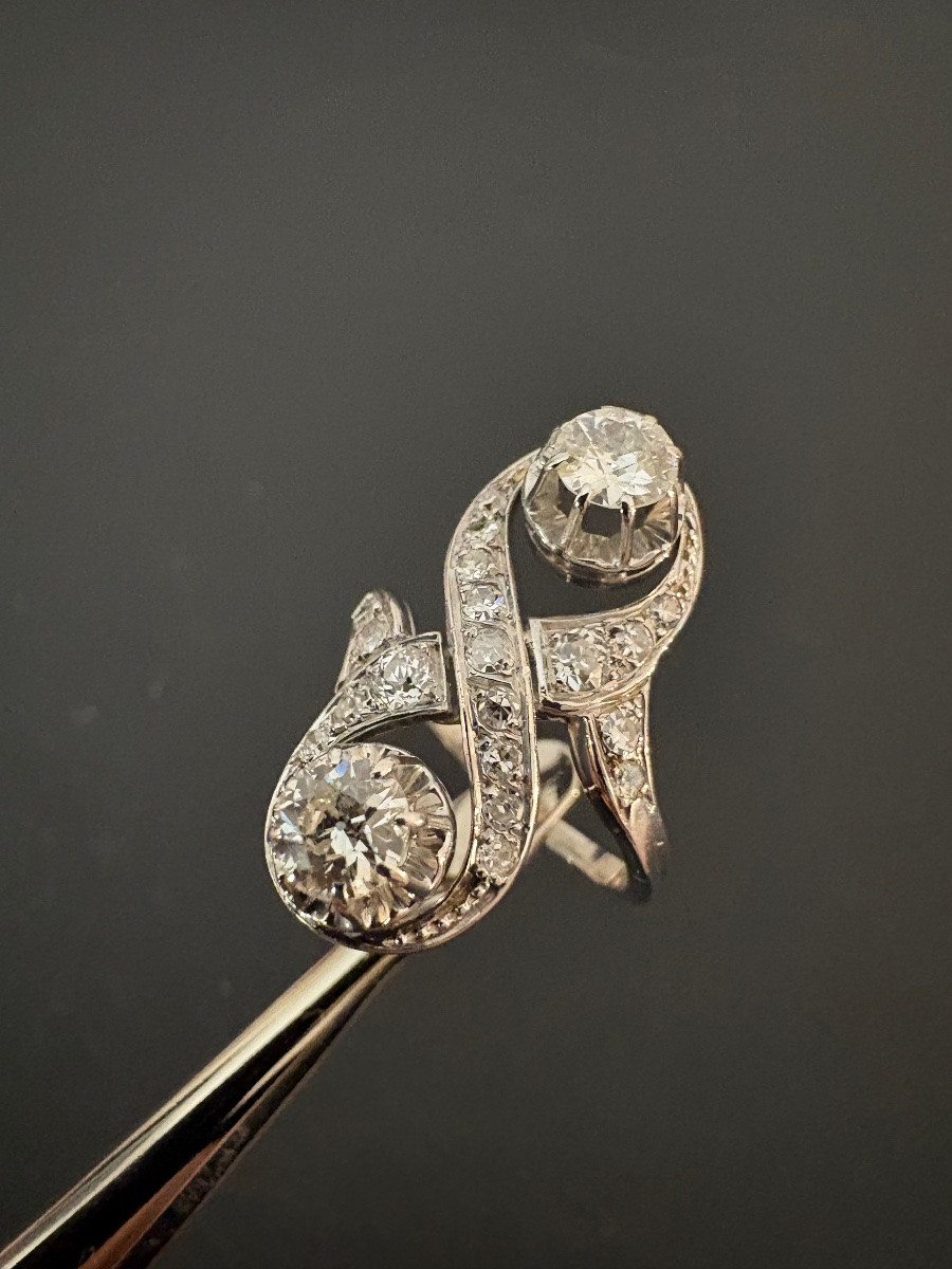 Antique Toi Et Moi Ring In 18k White Gold And Diamonds-photo-3