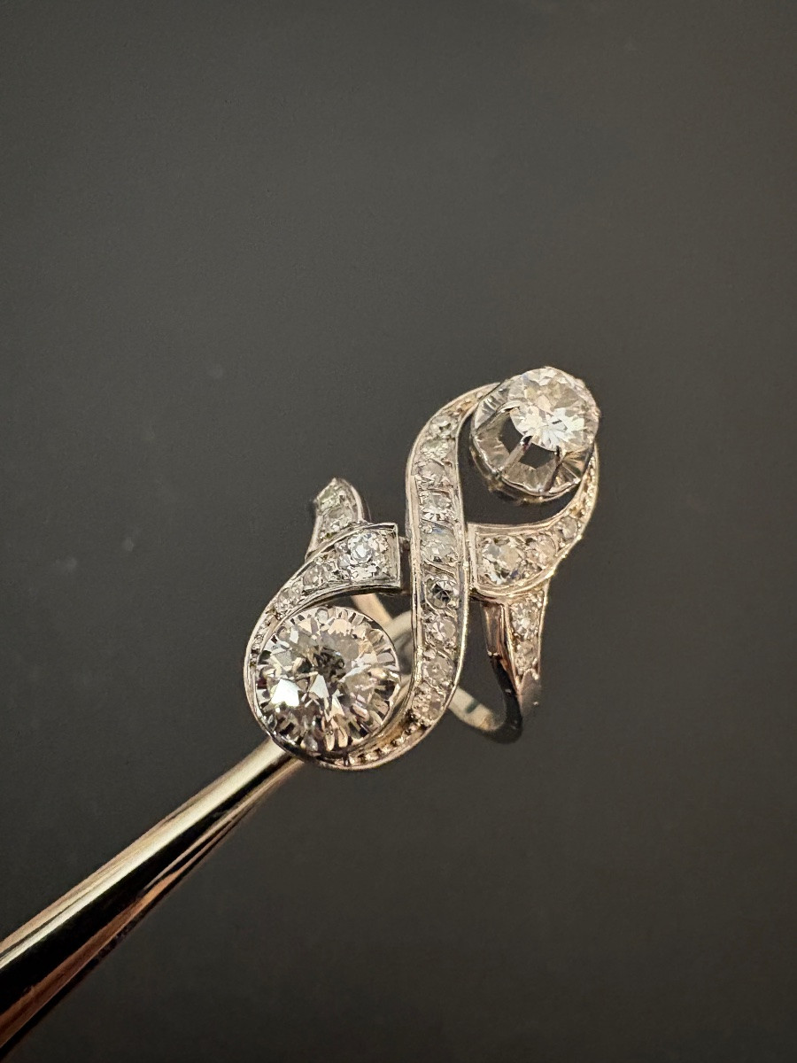 Antique Toi Et Moi Ring In 18k White Gold And Diamonds-photo-5