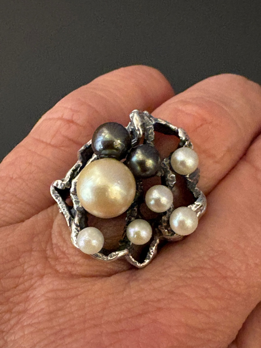 Vintage: Bague de créateur en argent et perles de culture.-photo-2
