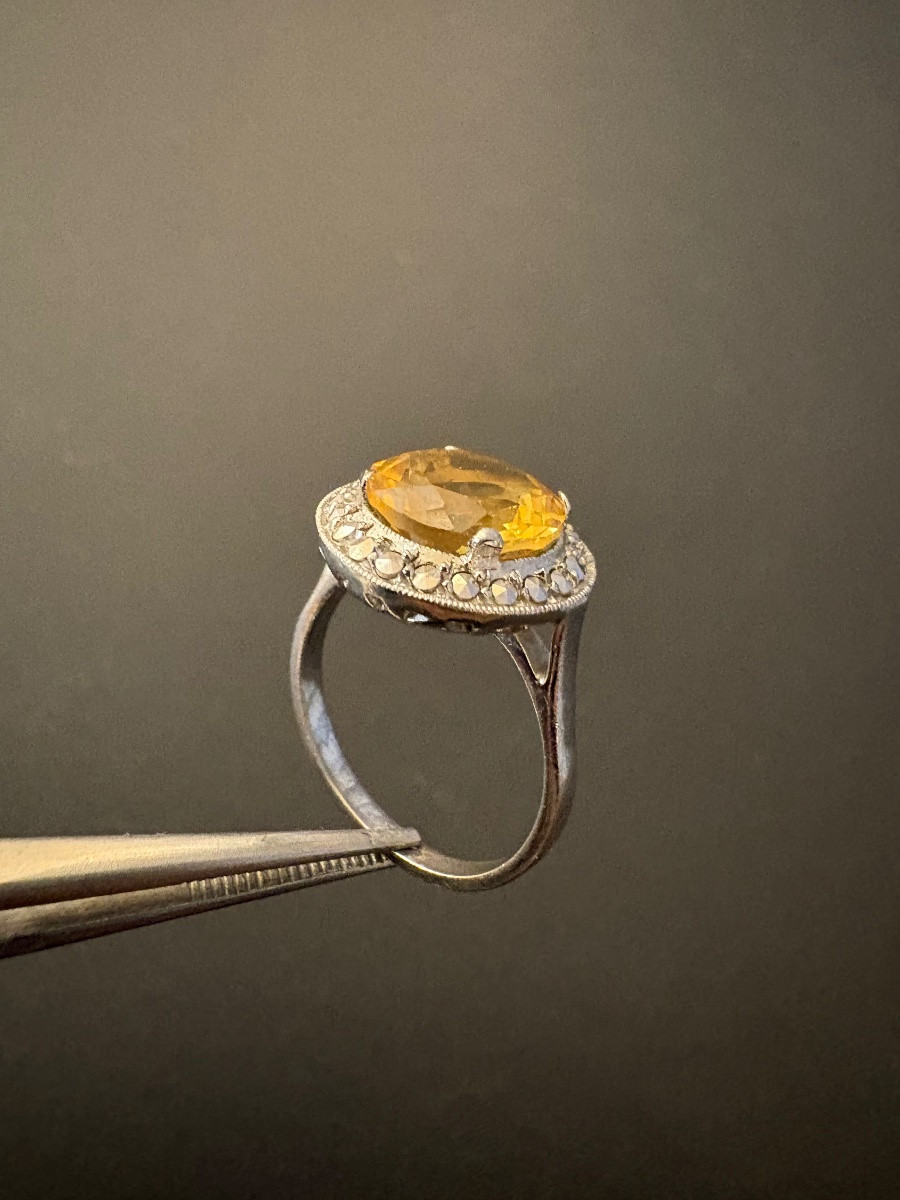 Art Deco: Ring In 800/1000 Silver, Citrine And Marcasite.-photo-3