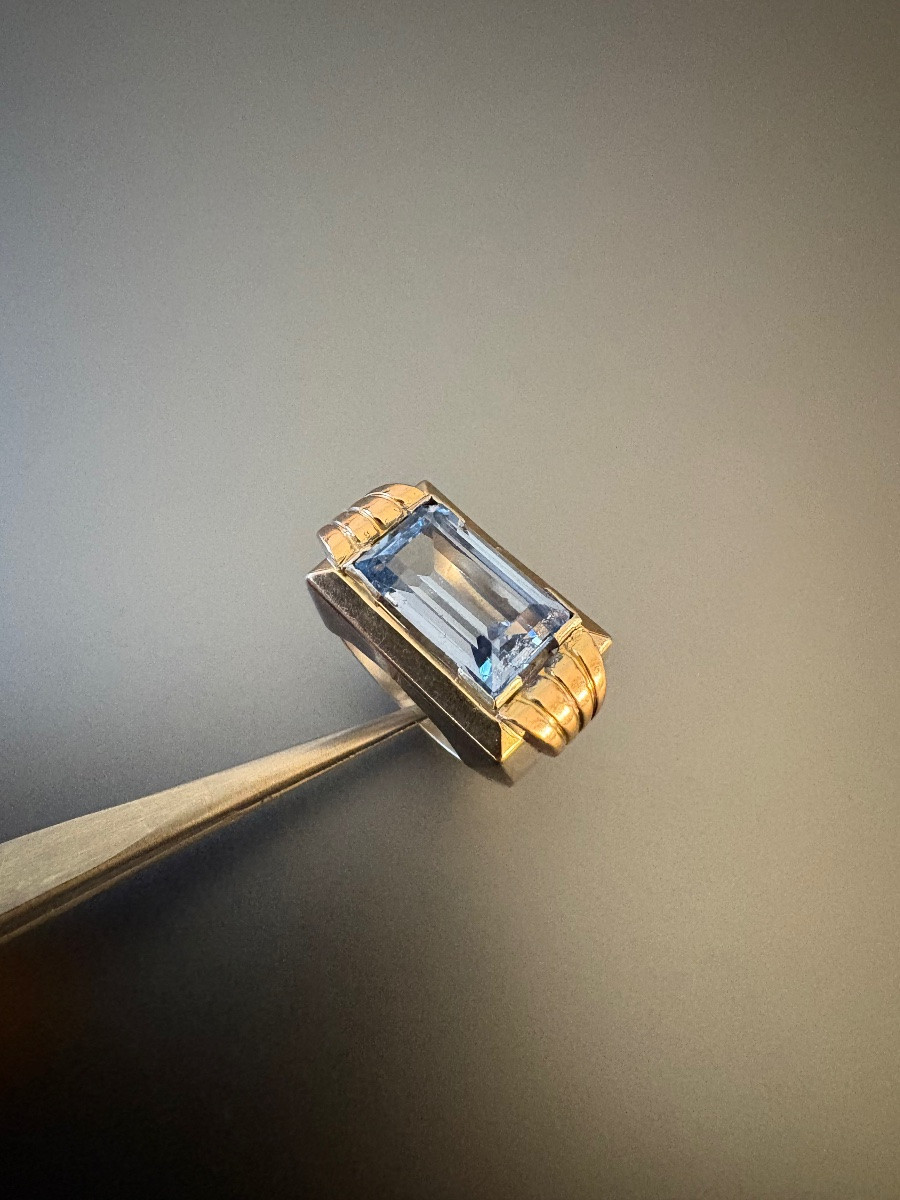 Ancienne bague tank en argent 800/1000 eme, or jaune 750/1000 eme et pierre décorative-photo-1