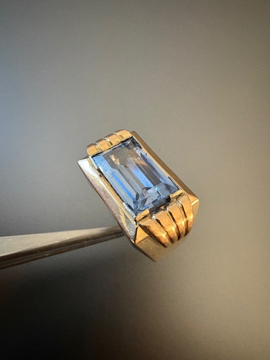 Ancienne bague tank en argent 800/1000 eme, or jaune 750/1000 eme et pierre décorative-photo-2