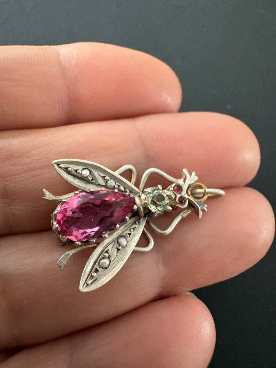 Ancienne broche pendentif abeille en argent et pierres-photo-2