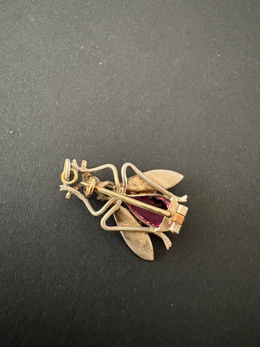 Ancienne broche pendentif abeille en argent et pierres-photo-3