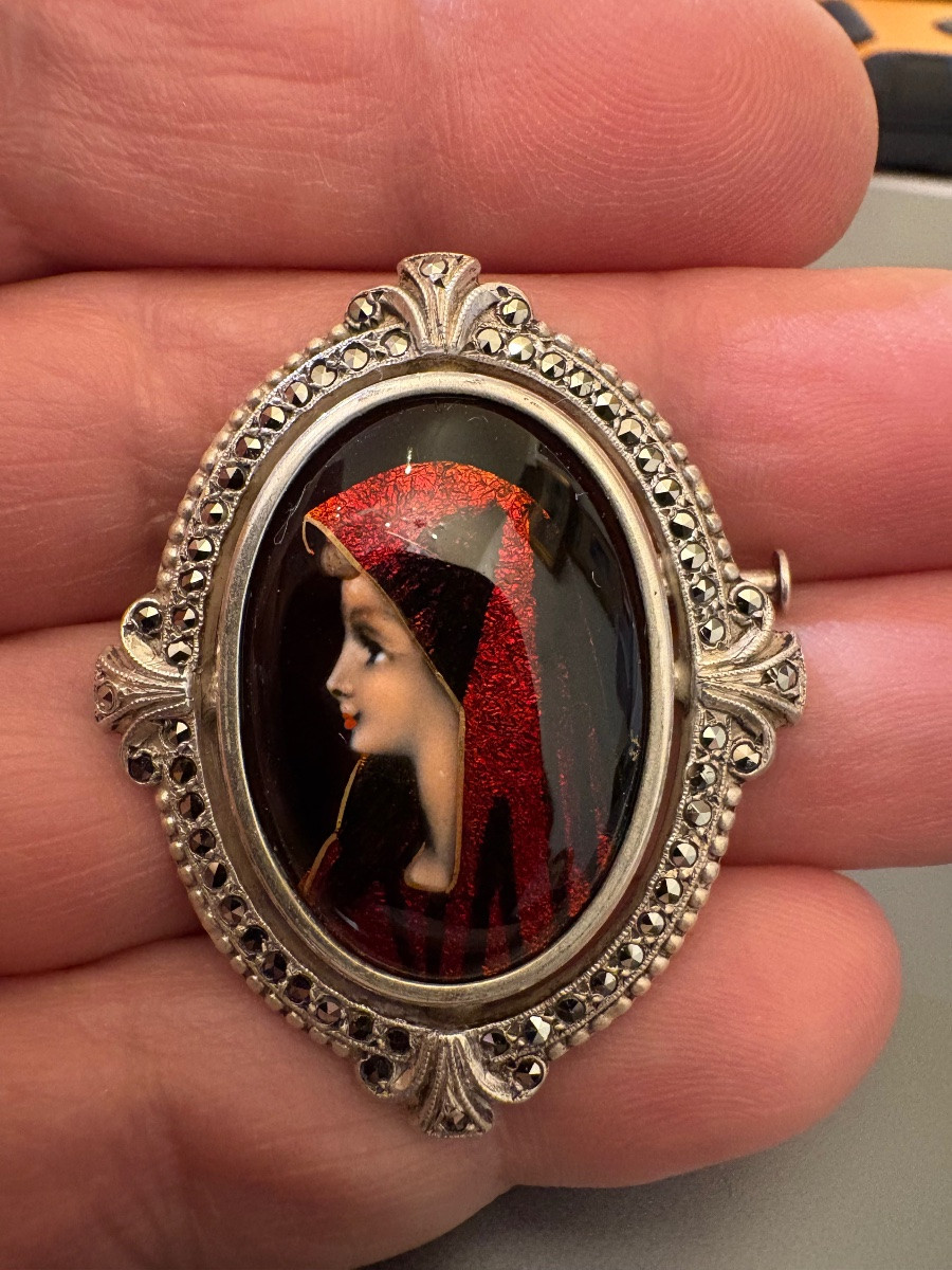 Antique Silver Brooch 800/1000 Eme, Miniature And Marcasites-photo-2