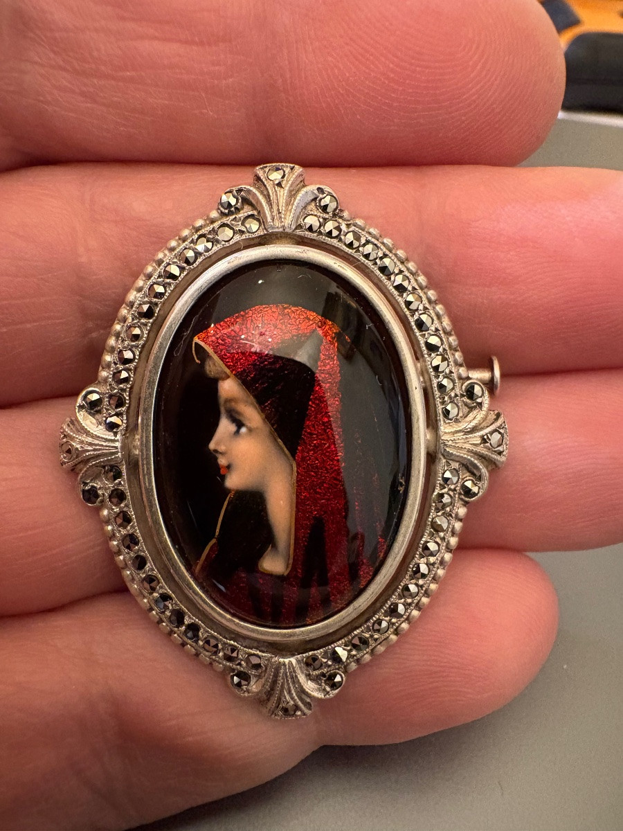 Antique Silver Brooch 800/1000 Eme, Miniature And Marcasites-photo-3