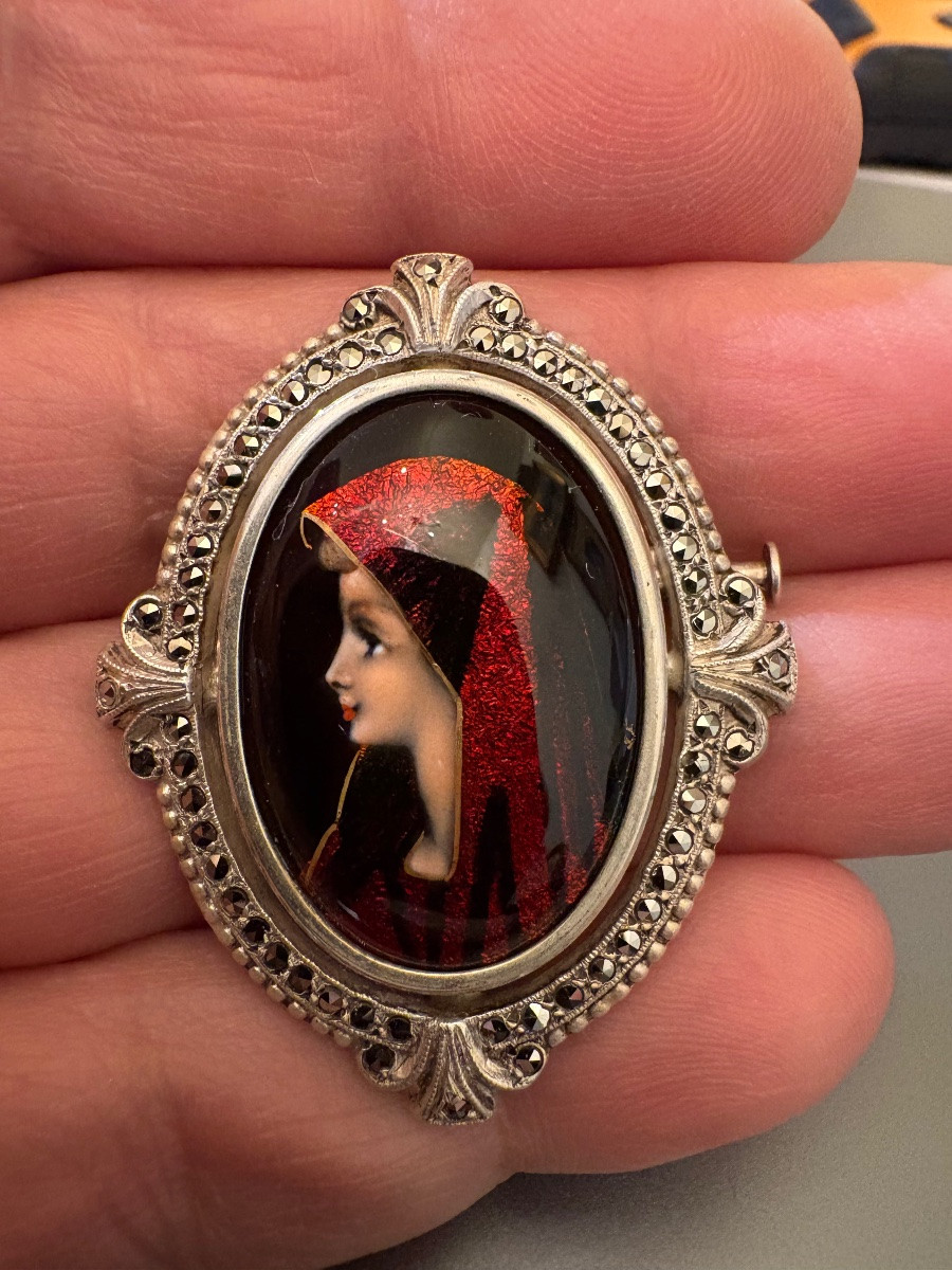 Antique Silver Brooch 800/1000 Eme, Miniature And Marcasites-photo-4