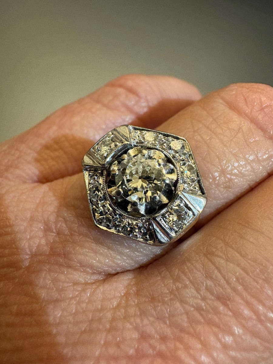 Art Deco: Ring In White Gold 750/1000th And Diamonds-photo-3