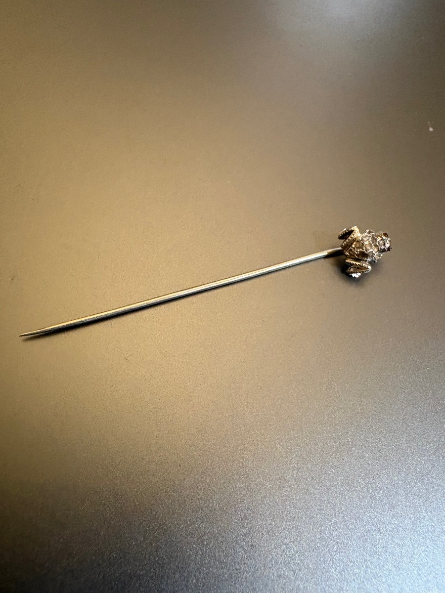 Antique Silver Frog Tie Pin 800/1000 Eme, Garnets And Diamonds-photo-2