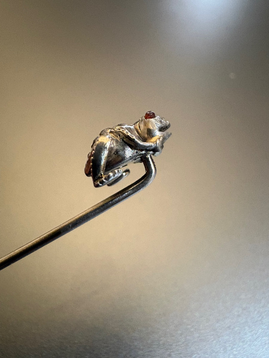 Antique Silver Frog Tie Pin 800/1000 Eme, Garnets And Diamonds-photo-3