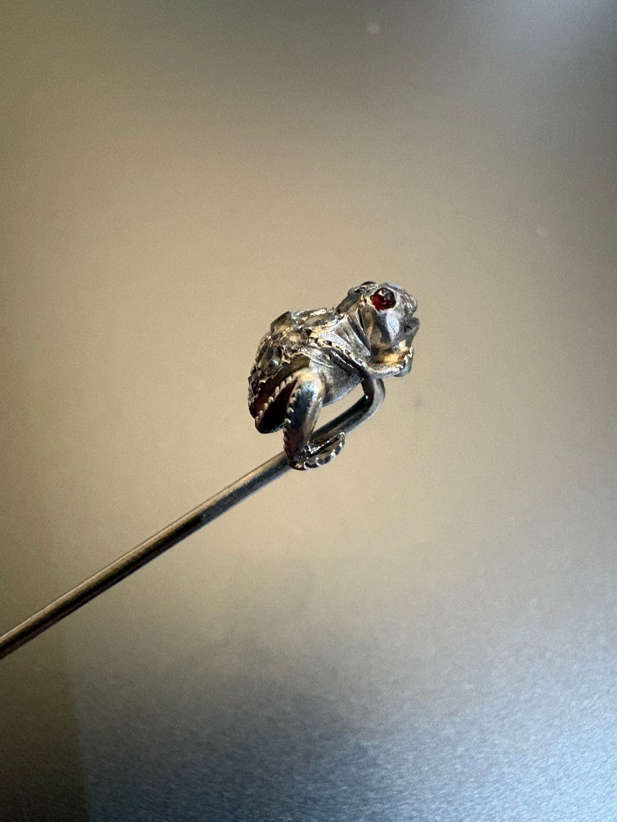 Antique Silver Frog Tie Pin 800/1000 Eme, Garnets And Diamonds-photo-4