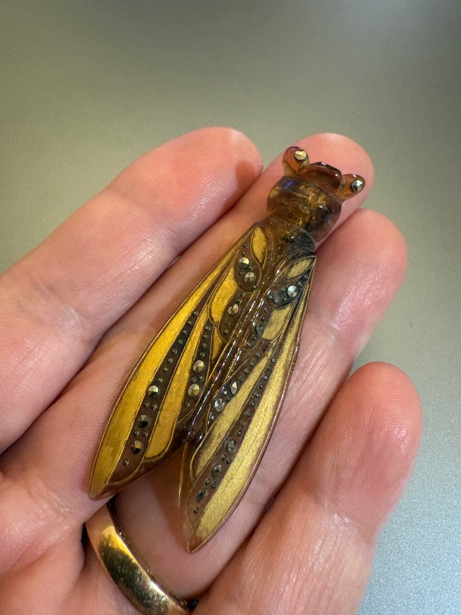Antique Cicada Brooch In Painted Bakelite, Marcasite And Brass.-photo-4