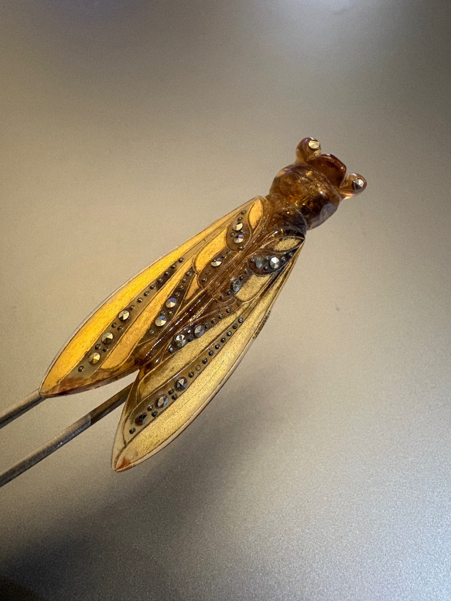 Antique Cicada Brooch In Painted Bakelite, Marcasite And Brass.