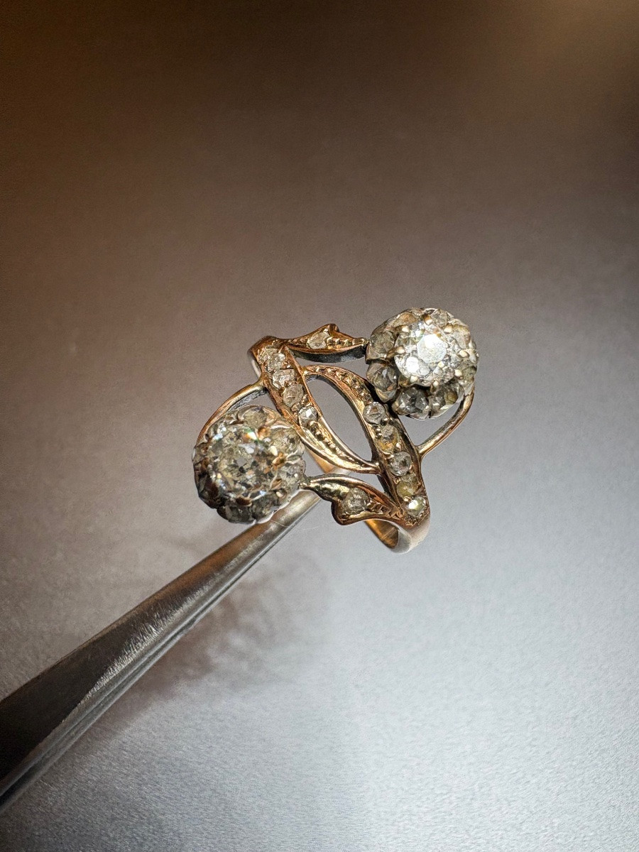 Ancienne bague toi et moi en or rose 750/1000 eme et diamants-photo-5
