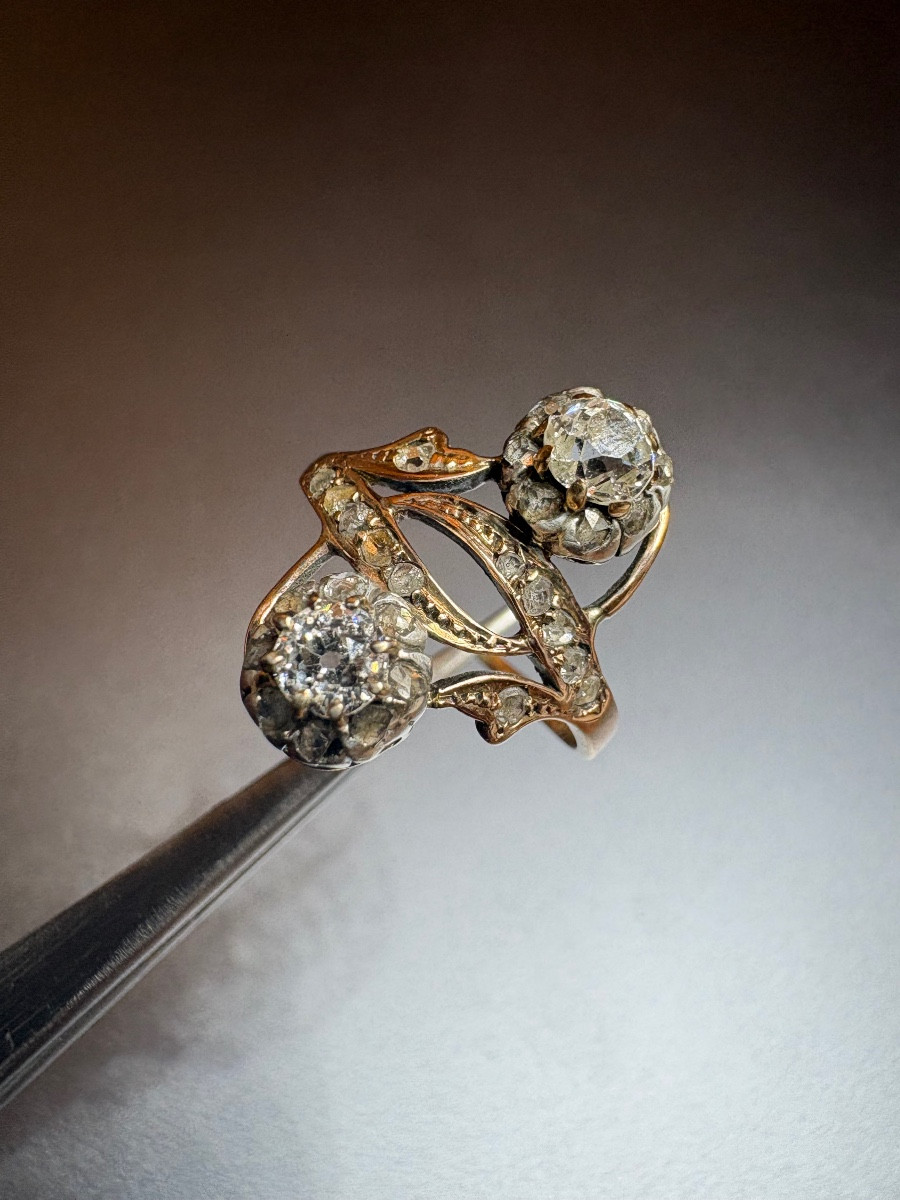 Ancienne bague toi et moi en or rose 750/1000 eme et diamants