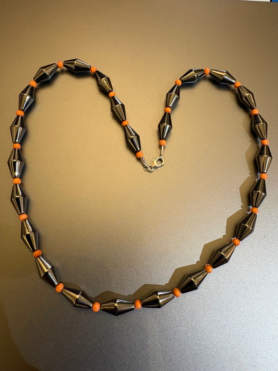 Coral And Hematite Necklace. 925/1000 Eme Silver Clasp.