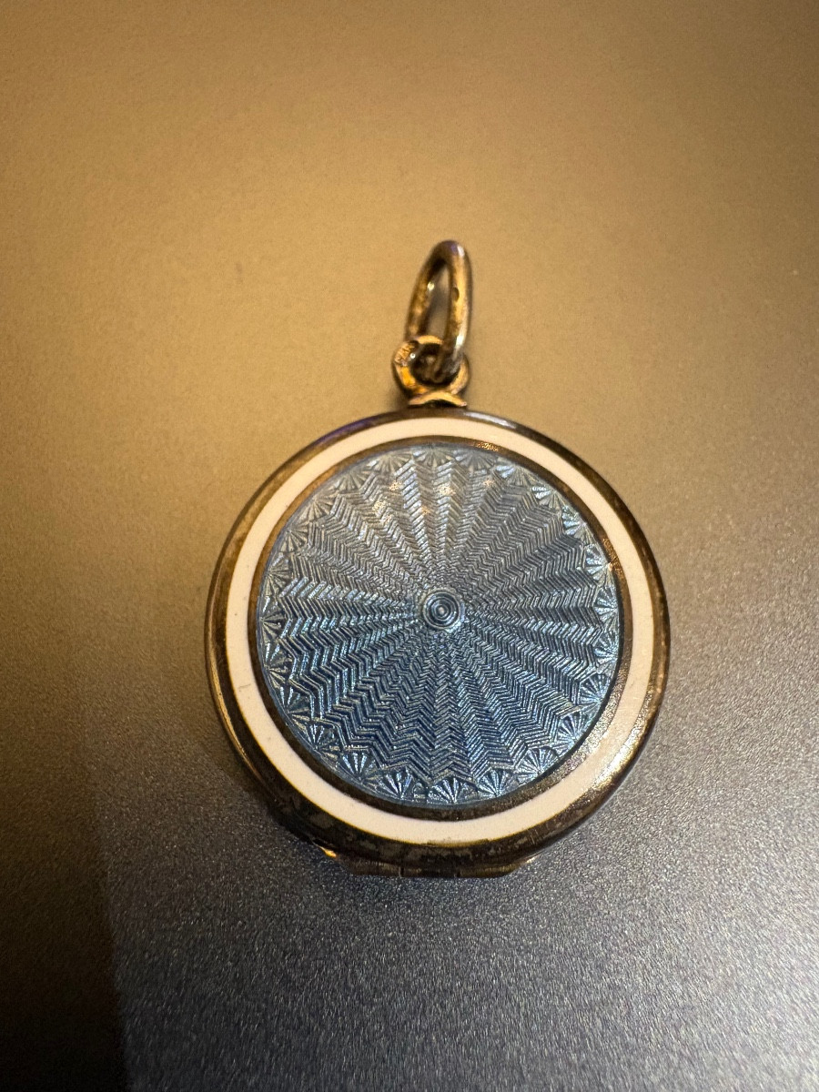Antique Enameled Silver Guilloche Photo Pendant.