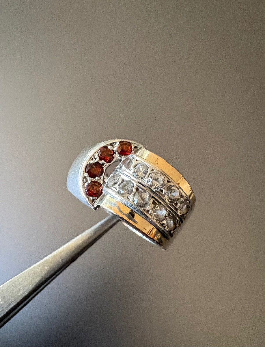 Ancienne bague tank en argent, or, grenats et pierres blanches-photo-2