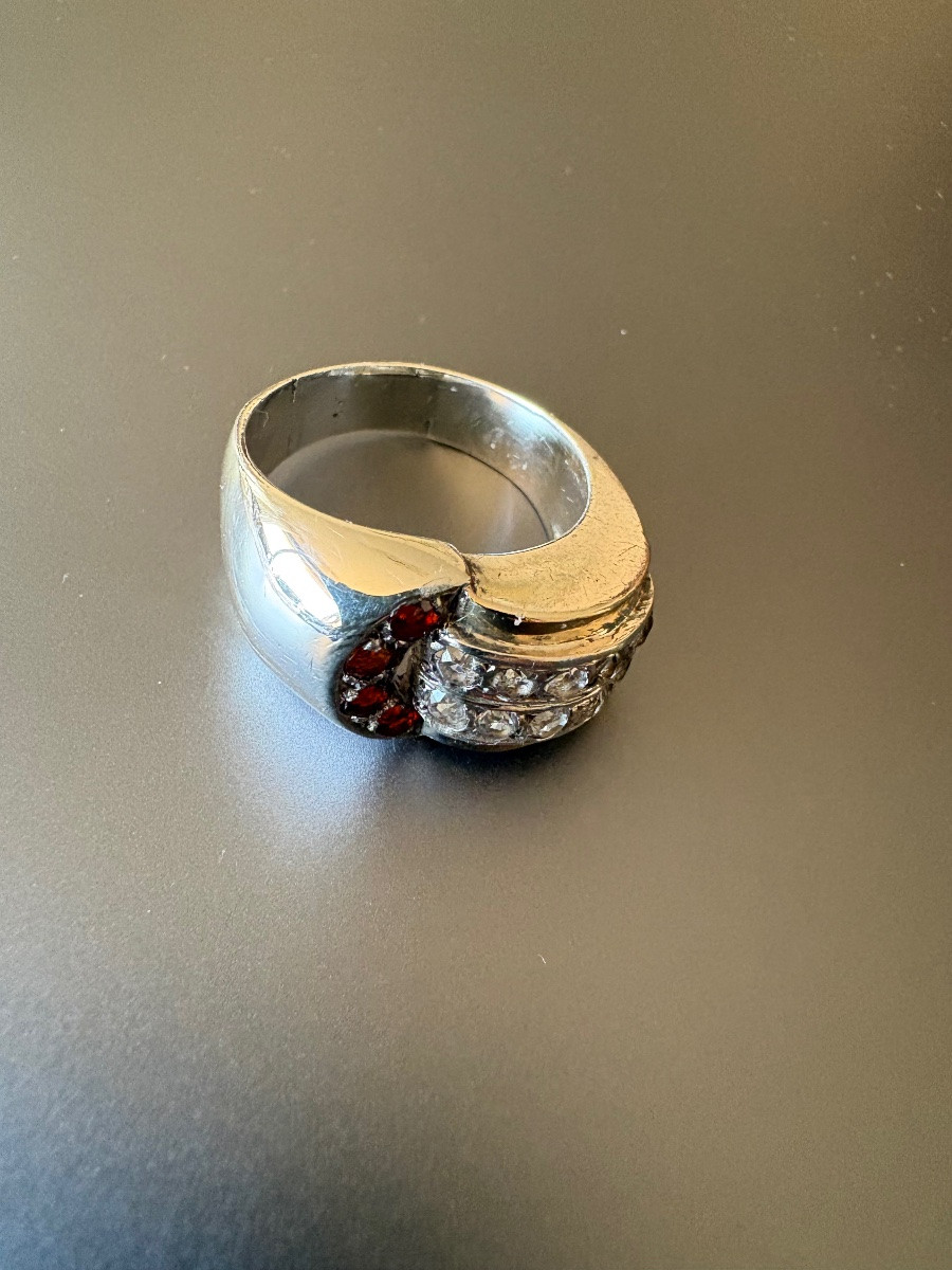 Ancienne bague tank en argent, or, grenats et pierres blanches-photo-3