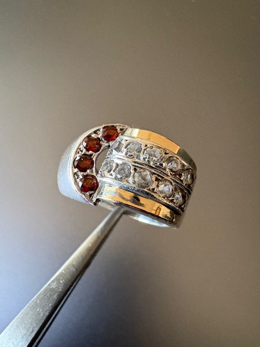 Ancienne bague tank en argent, or, grenats et pierres blanches-photo-8