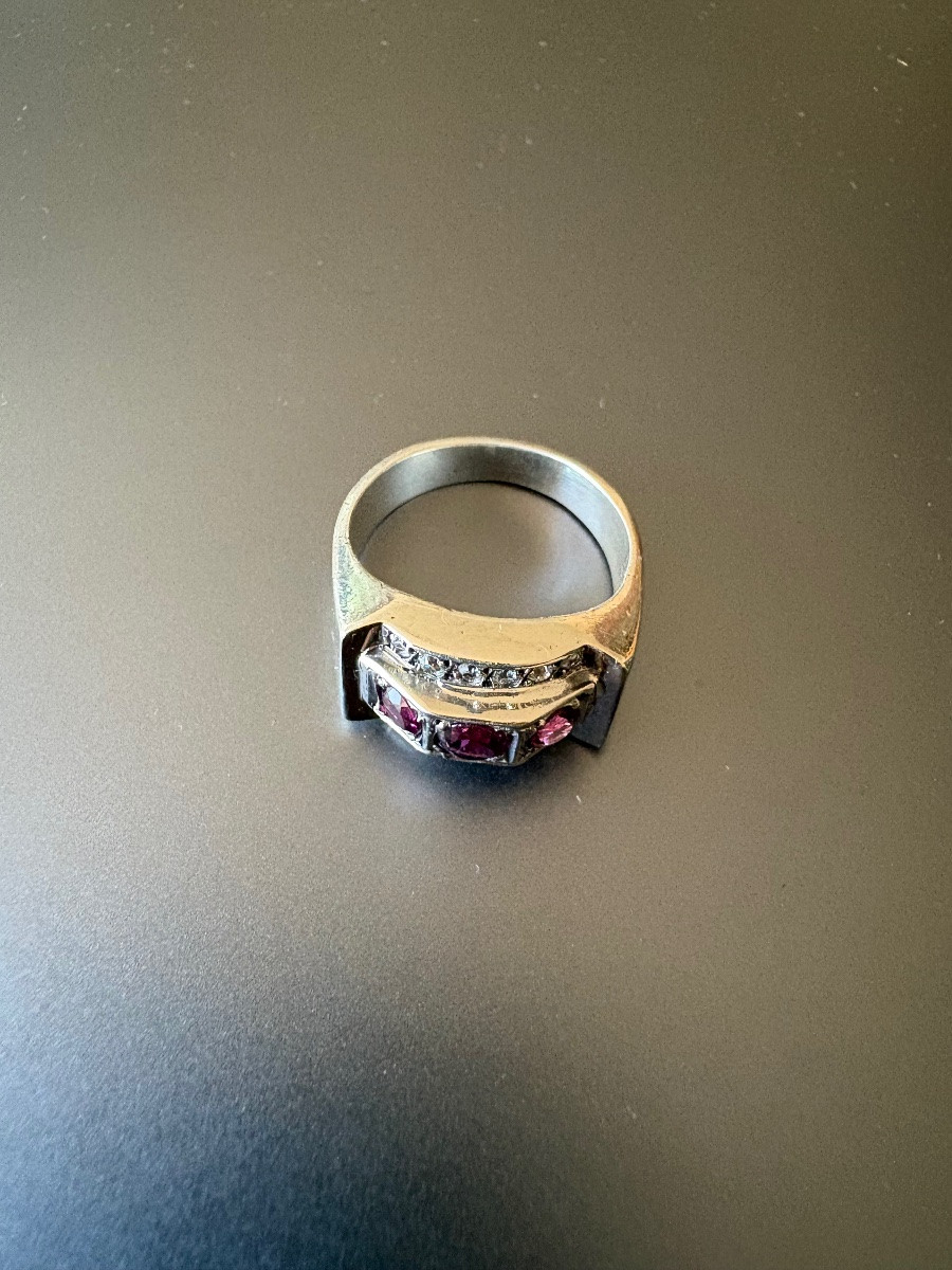 Old Tank Ring In Silver 800/1000 Eme, Garnets And White Stones-photo-2