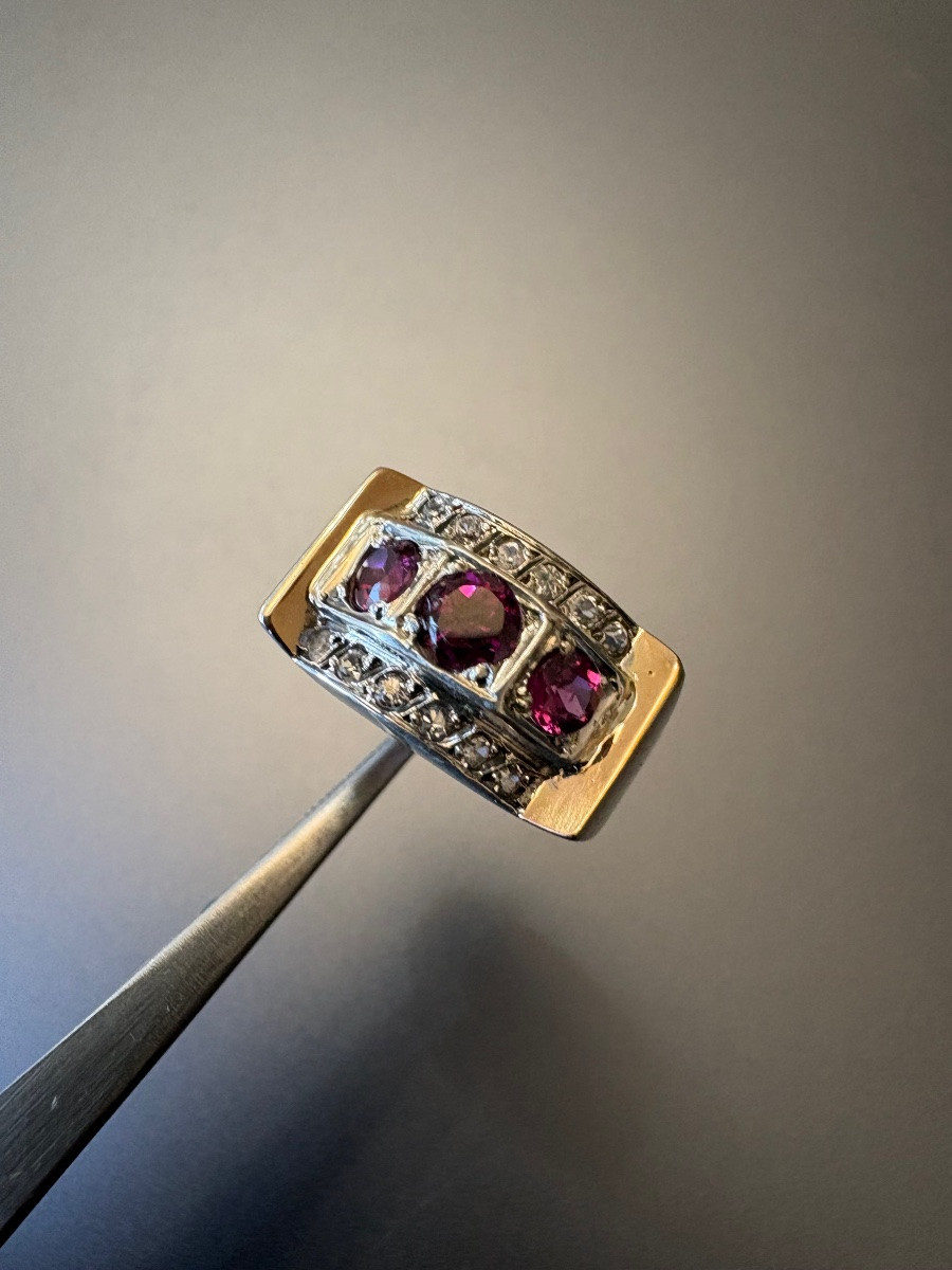 Old Tank Ring In Silver 800/1000 Eme, Garnets And White Stones-photo-4