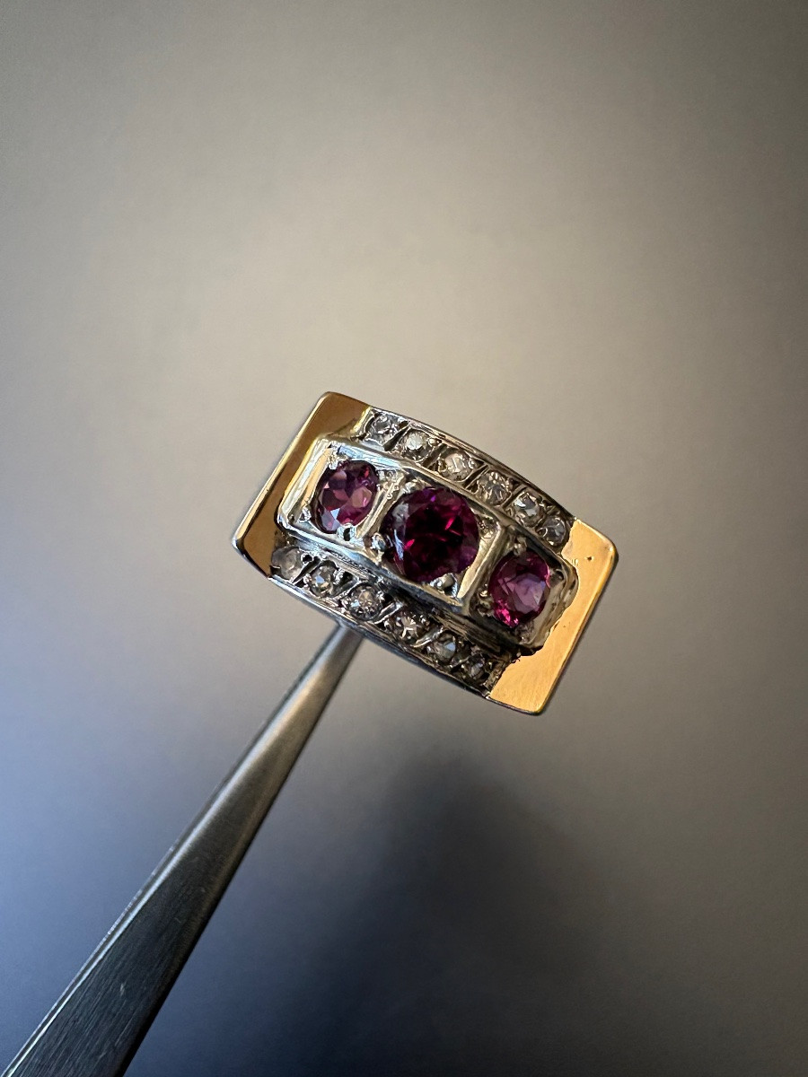 Old Tank Ring In Silver 800/1000 Eme, Garnets And White Stones-photo-4