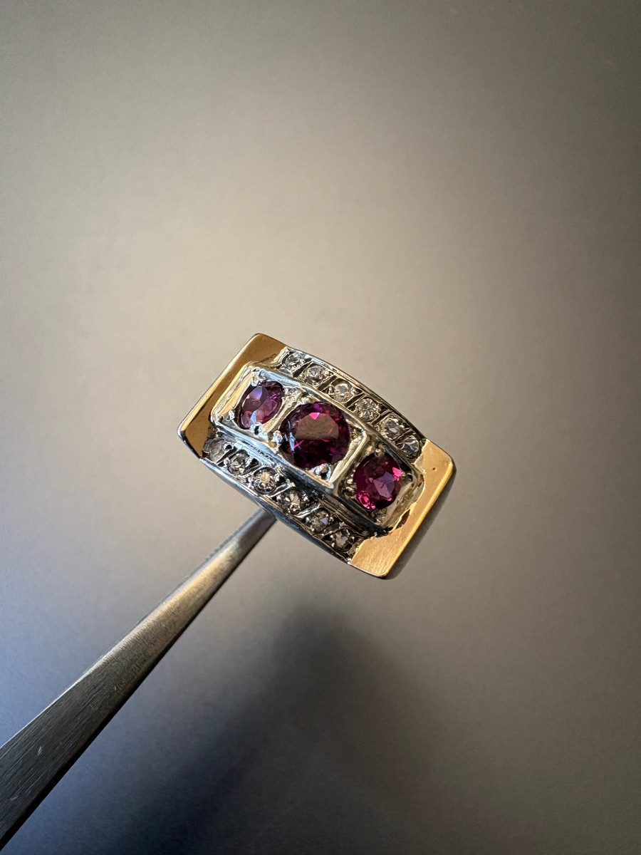 Old Tank Ring In Silver 800/1000 Eme, Garnets And White Stones-photo-5