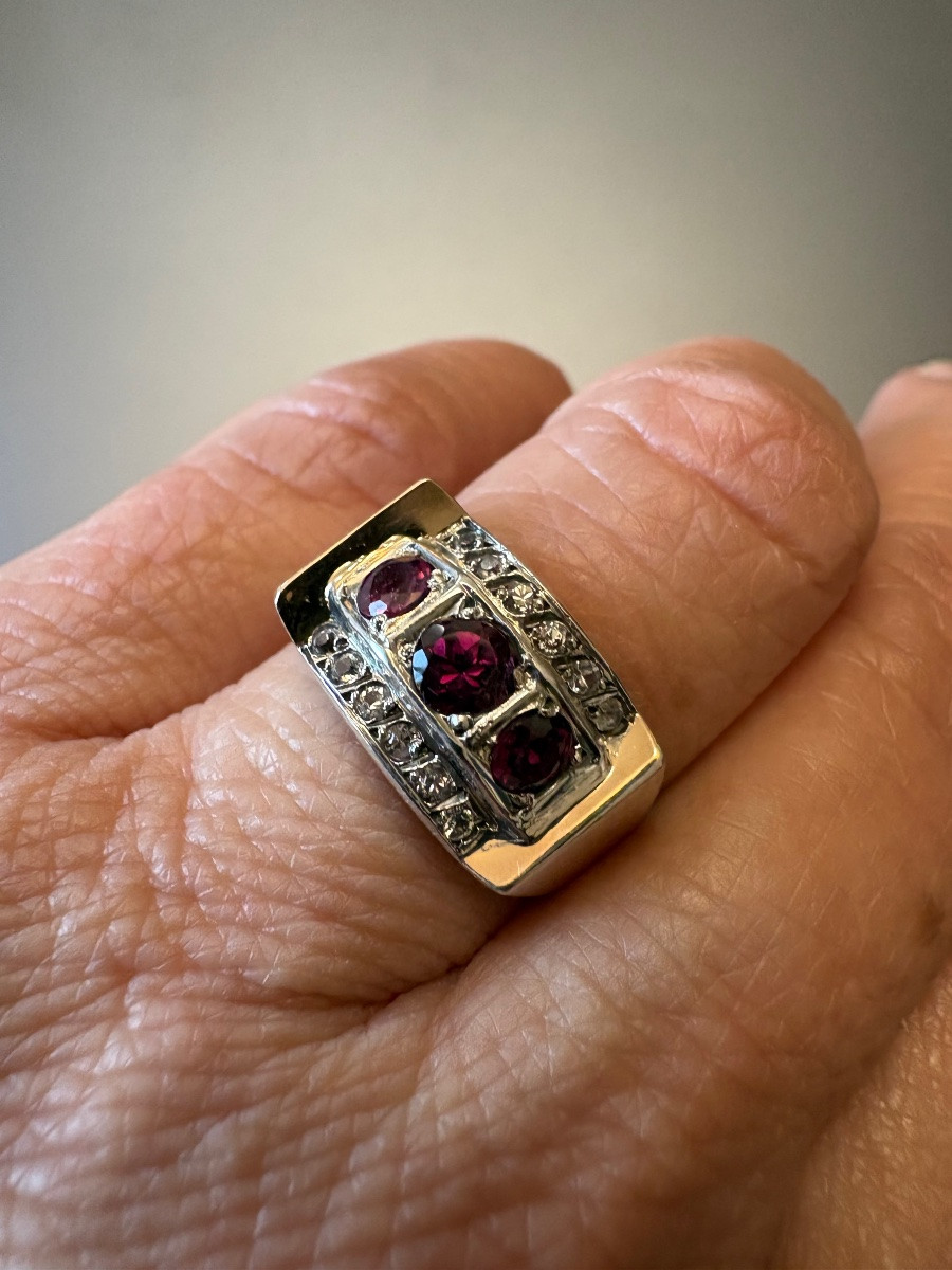 Old Tank Ring In Silver 800/1000 Eme, Garnets And White Stones-photo-6