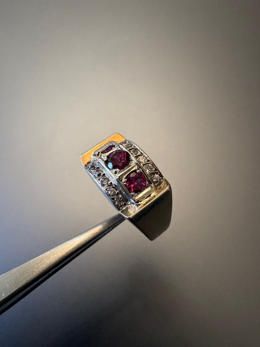 Old Tank Ring In Silver 800/1000 Eme, Garnets And White Stones-photo-7