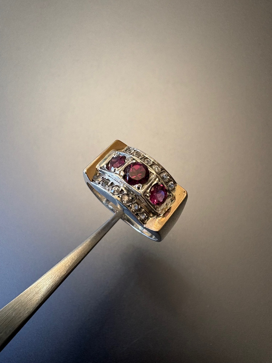 Old Tank Ring In Silver 800/1000 Eme, Garnets And White Stones