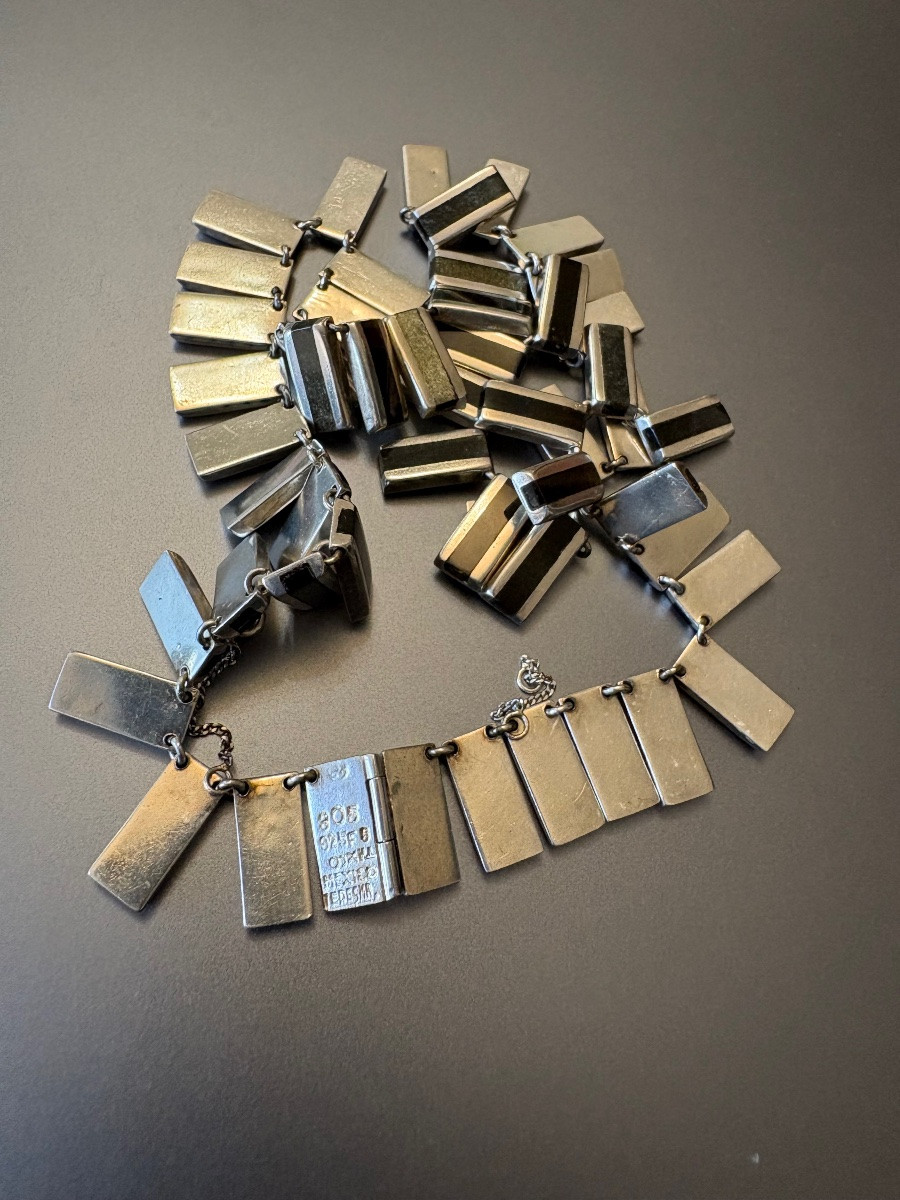 Vintage: Collier articule en argent 925/1000 eme et obsidienne. Mexique-photo-2