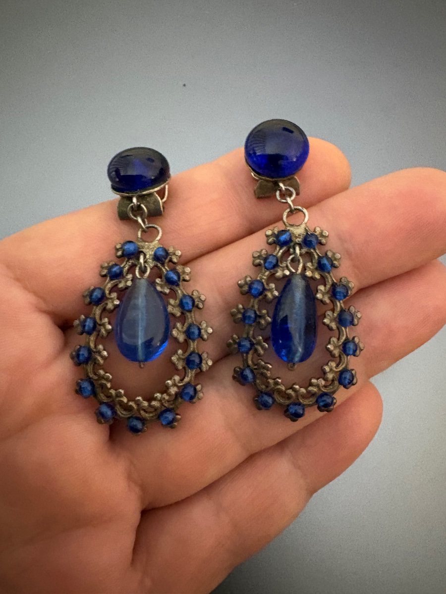 Antique Pair Of Metal And Glass Earrings-photo-4
