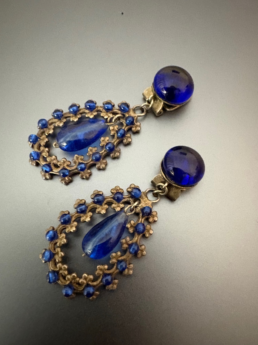 Antique Pair Of Metal And Glass Earrings