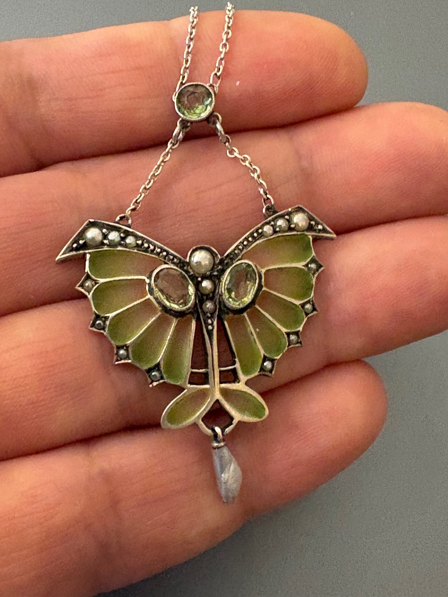 Collier argent 800/1000 eme et plique à jour. Circa 1905.-photo-4