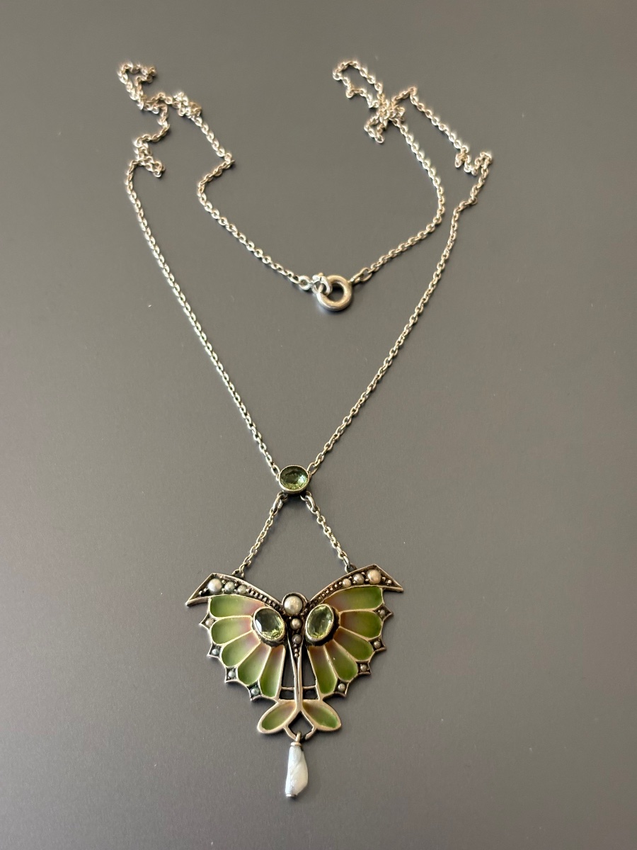 Collier argent 800/1000 eme et plique à jour. Circa 1905.-photo-5