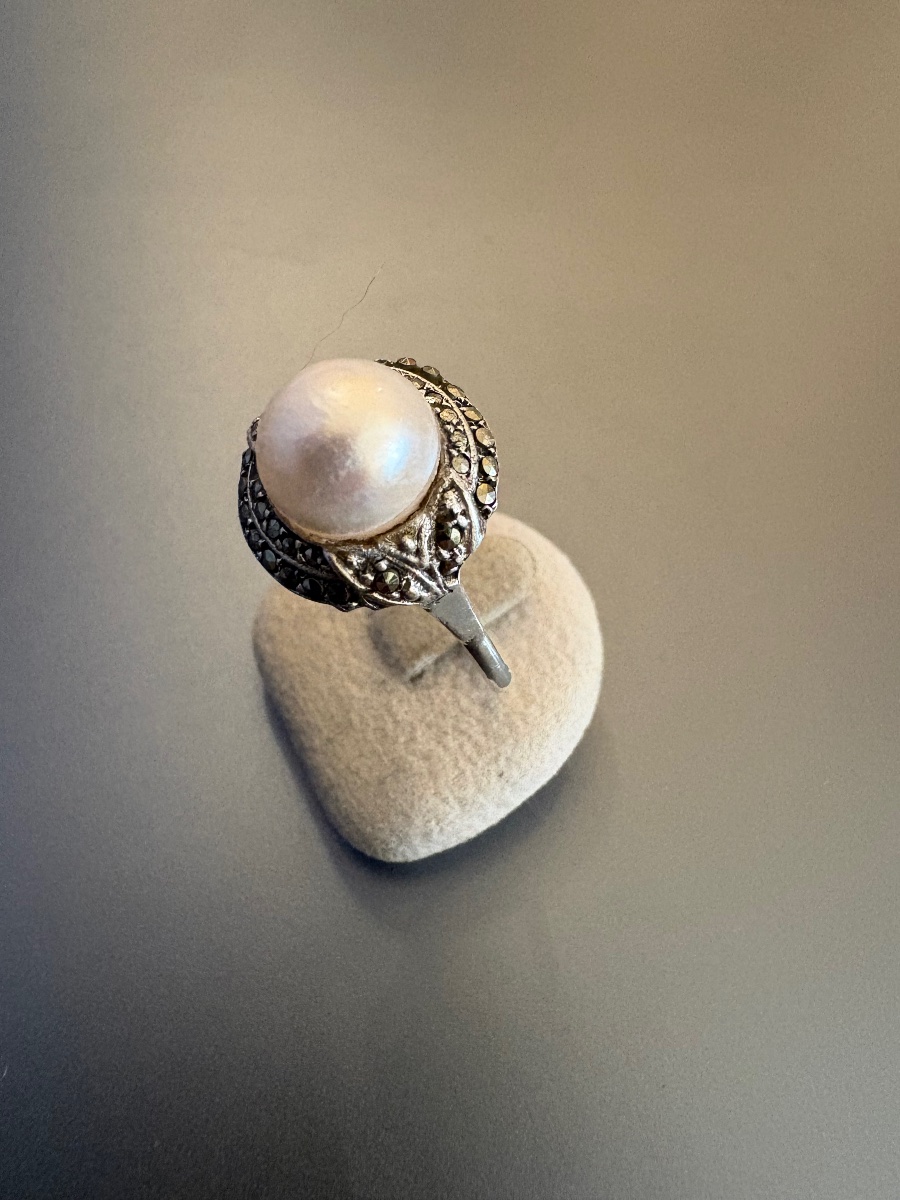 Ancienne bague Art Déco en argent 800/1000 eme, perle de culture et marcassites.-photo-2