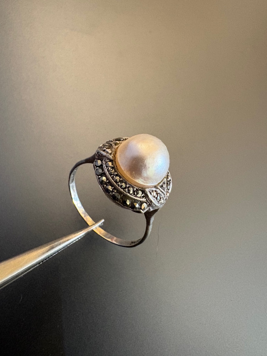 Ancienne bague Art Déco en argent 800/1000 eme, perle de culture et marcassites.-photo-1