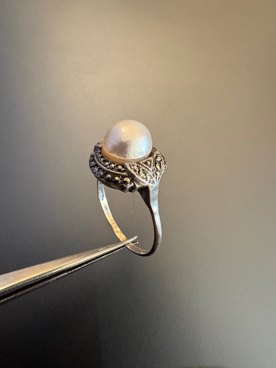 Ancienne bague Art Déco en argent 800/1000 eme, perle de culture et marcassites.-photo-3