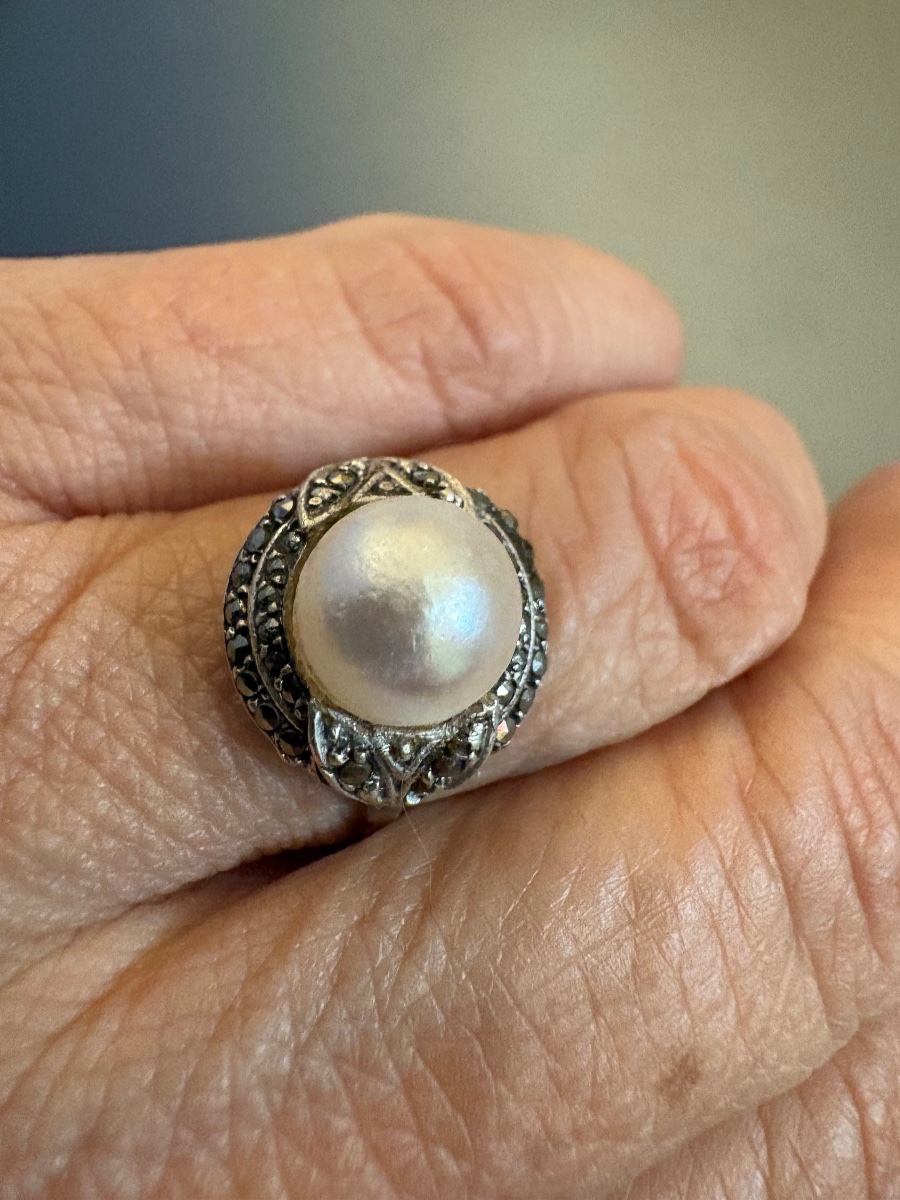 Ancienne bague Art Déco en argent 800/1000 eme, perle de culture et marcassites.-photo-4