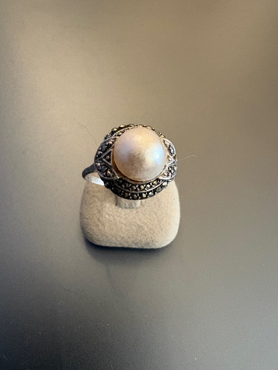 Ancienne bague Art Déco en argent 800/1000 eme, perle de culture et marcassites.-photo-6