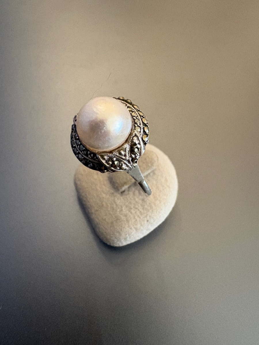 Ancienne bague Art Déco en argent 800/1000 eme, perle de culture et marcassites.-photo-7