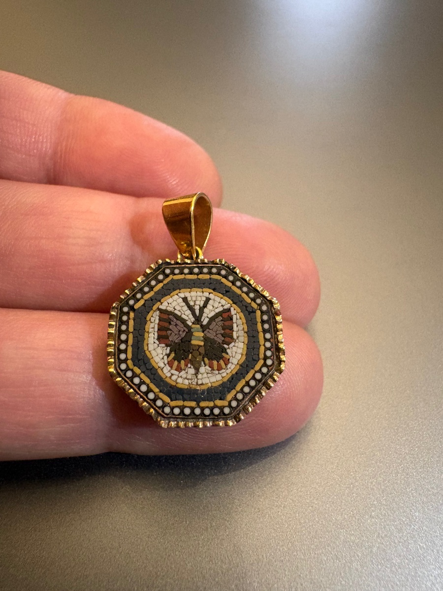 19th Century: Micro-mosaic Pomponne Pendant, Ram In 750/1000 Yellow Gold-photo-2