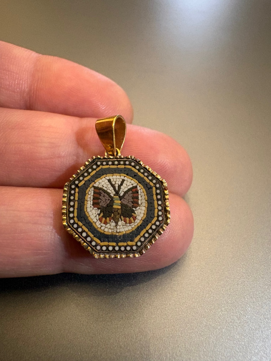 19th Century: Micro-mosaic Pomponne Pendant, Ram In 750/1000 Yellow Gold-photo-3